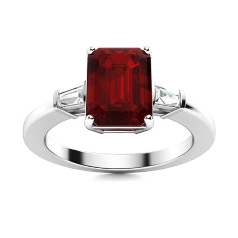 8x6mm Emerald Cut Red Garnet 925 Sterling Silver Three-Stone Engagement Ring