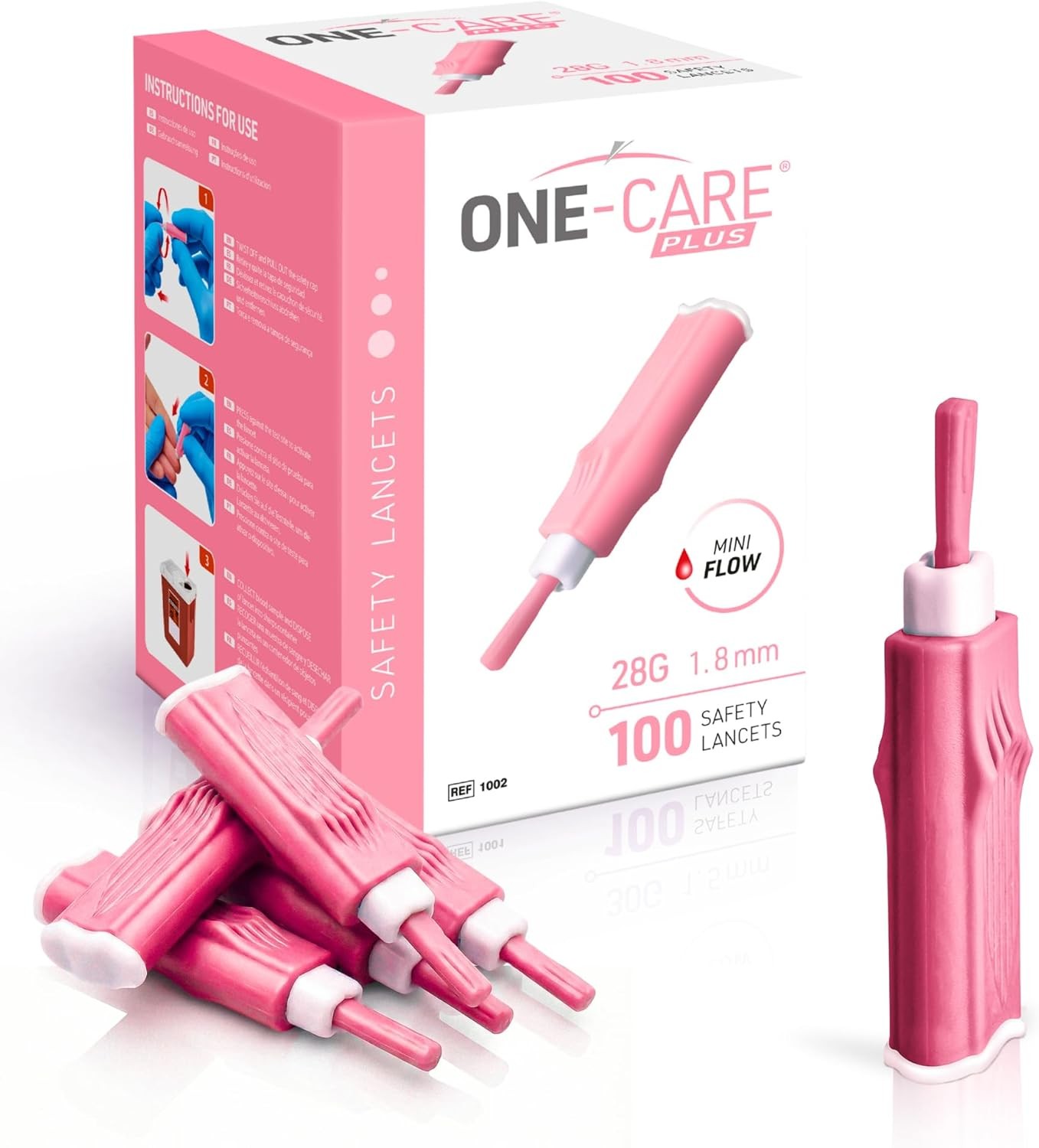 ONE-CARE Plus Safety Lancets 28G x 1.8mm, Contact-Activated Fingerstick Lancets,