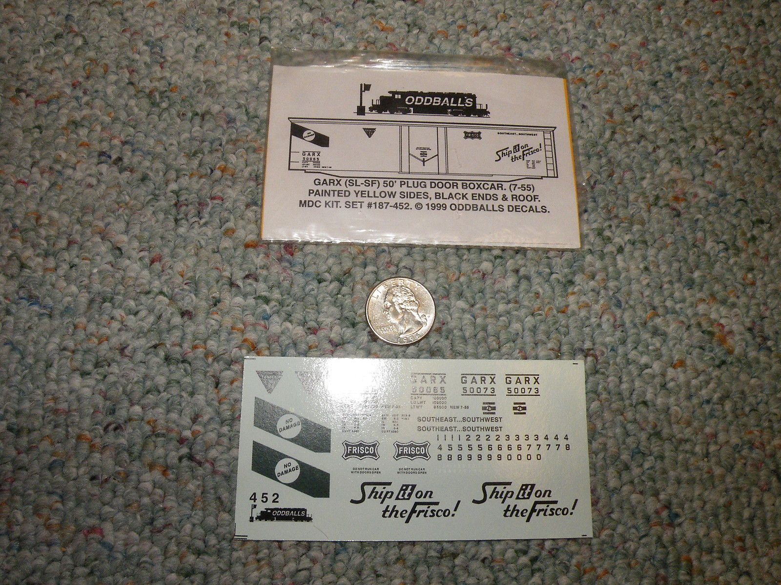 Oddballs  decals HO GARX SL-SF 50' plug door boxcar 7-55 yell sides bl roof J88