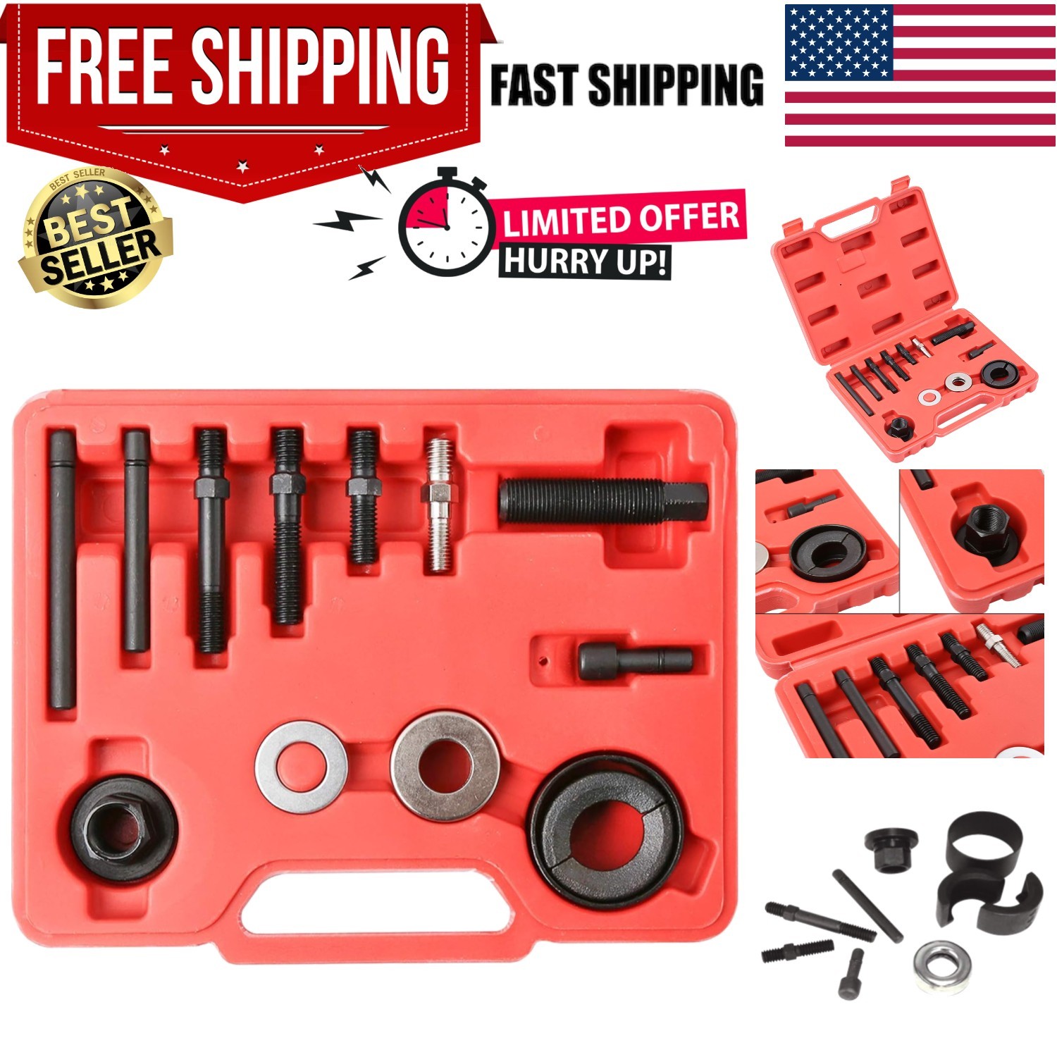 Durable 12-Pcs Pulley Puller & Installer Kit for Auto Repair - Portable Design