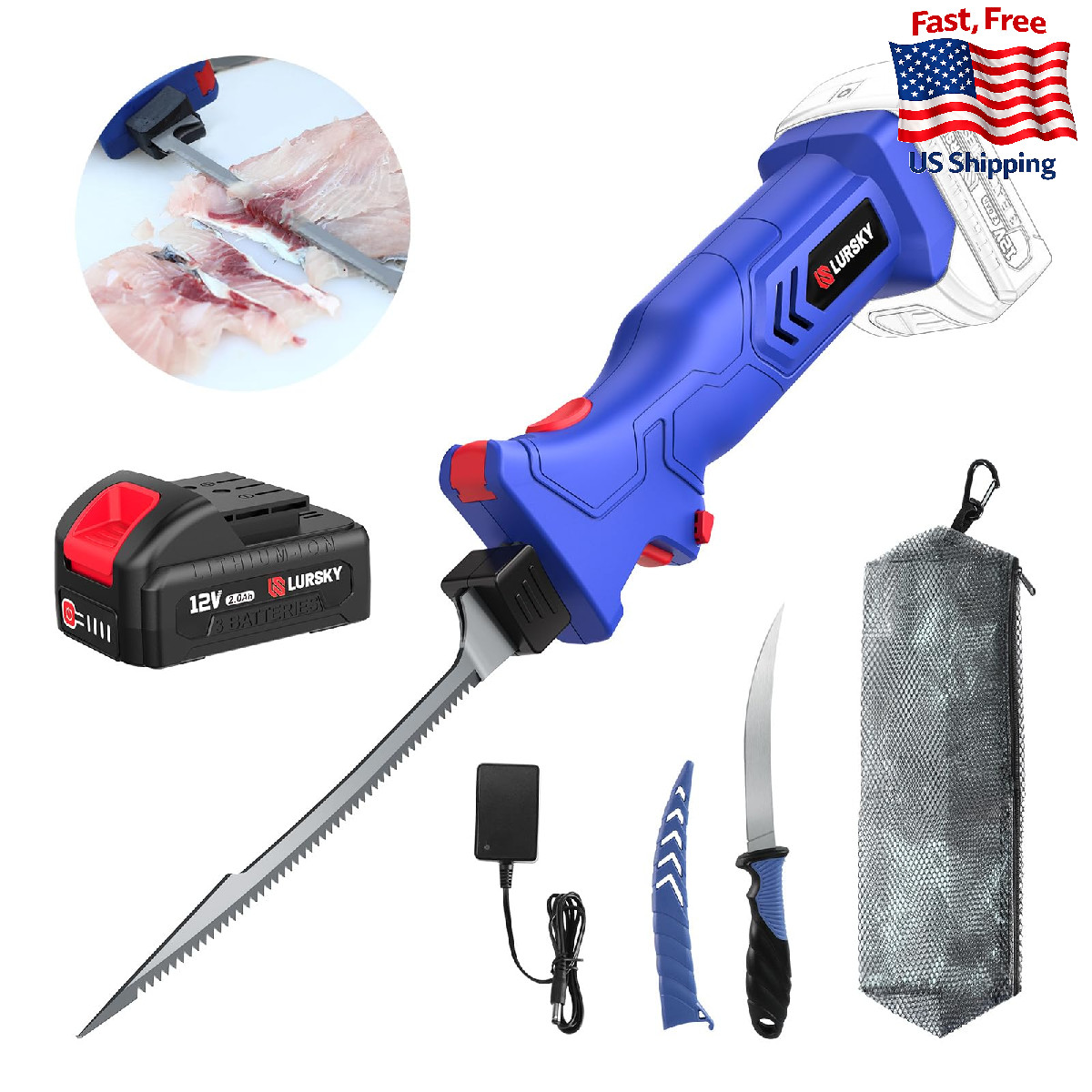 LURSKY Cordless Electric Fillet Knife Rechargeable Fishing Stainless Steel Blade