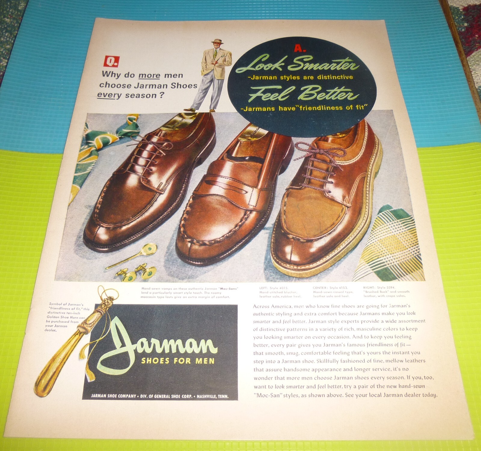1948 AD / JARMAN SHOES FOR MEN / NASHVILLE,TENNESSEE / SHOE HORN / LOAFERS