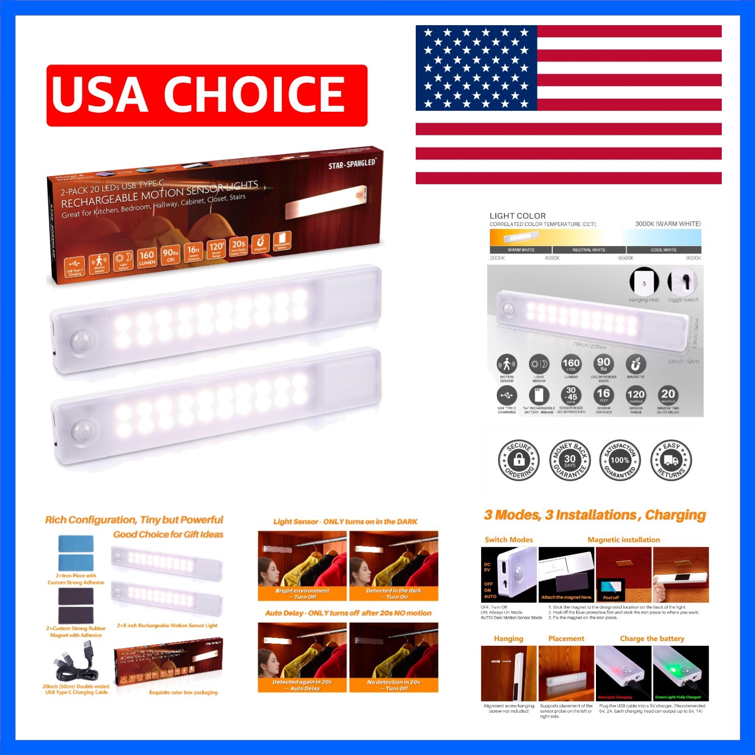 Under Cabinet Lighting Rechargeable, 8 inch Motion Sensor Lights Indoor Batte...