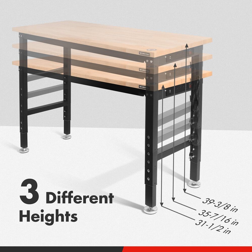 WORKPRO 48" Adjustable Workbench Rubber Wood Top Heavy-Duty Workstation 2000 LBS
