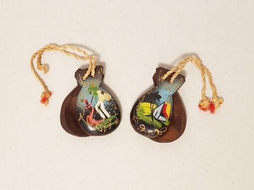 Vintage Set of Wooden Castanets Hand Painted Carved with Flamenco Dancers, Brown