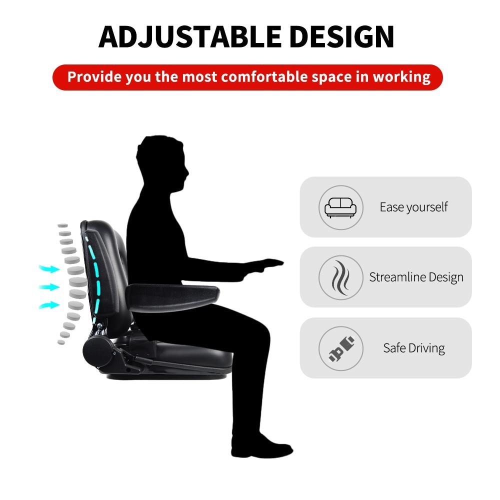 Universal Tractor Forklift Seat Excavator Adjustable Backrest Armrest Safty Belt