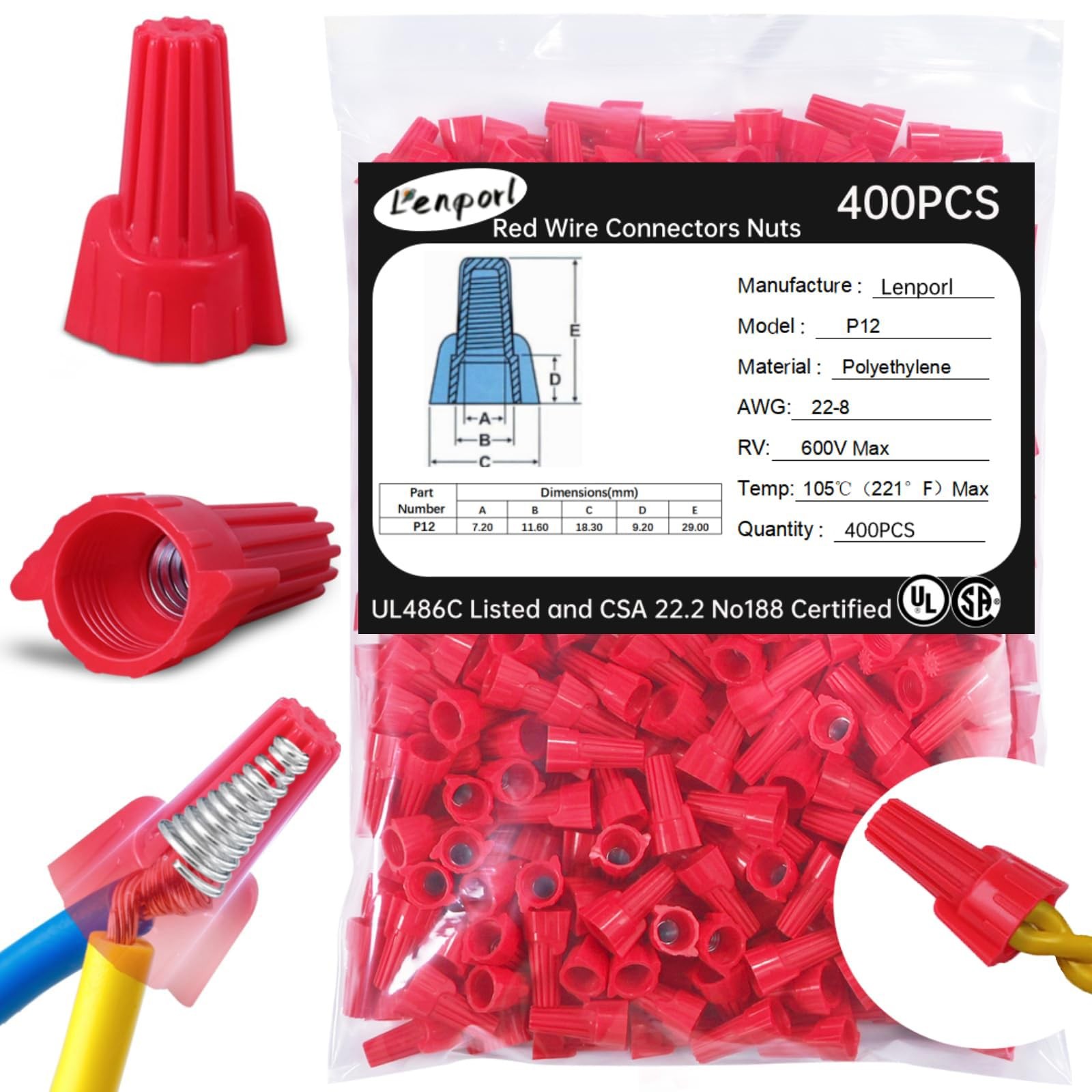 400PCS Red Wire Connectors Nuts, Winged Electrical Wire End Connectors Caps, ...