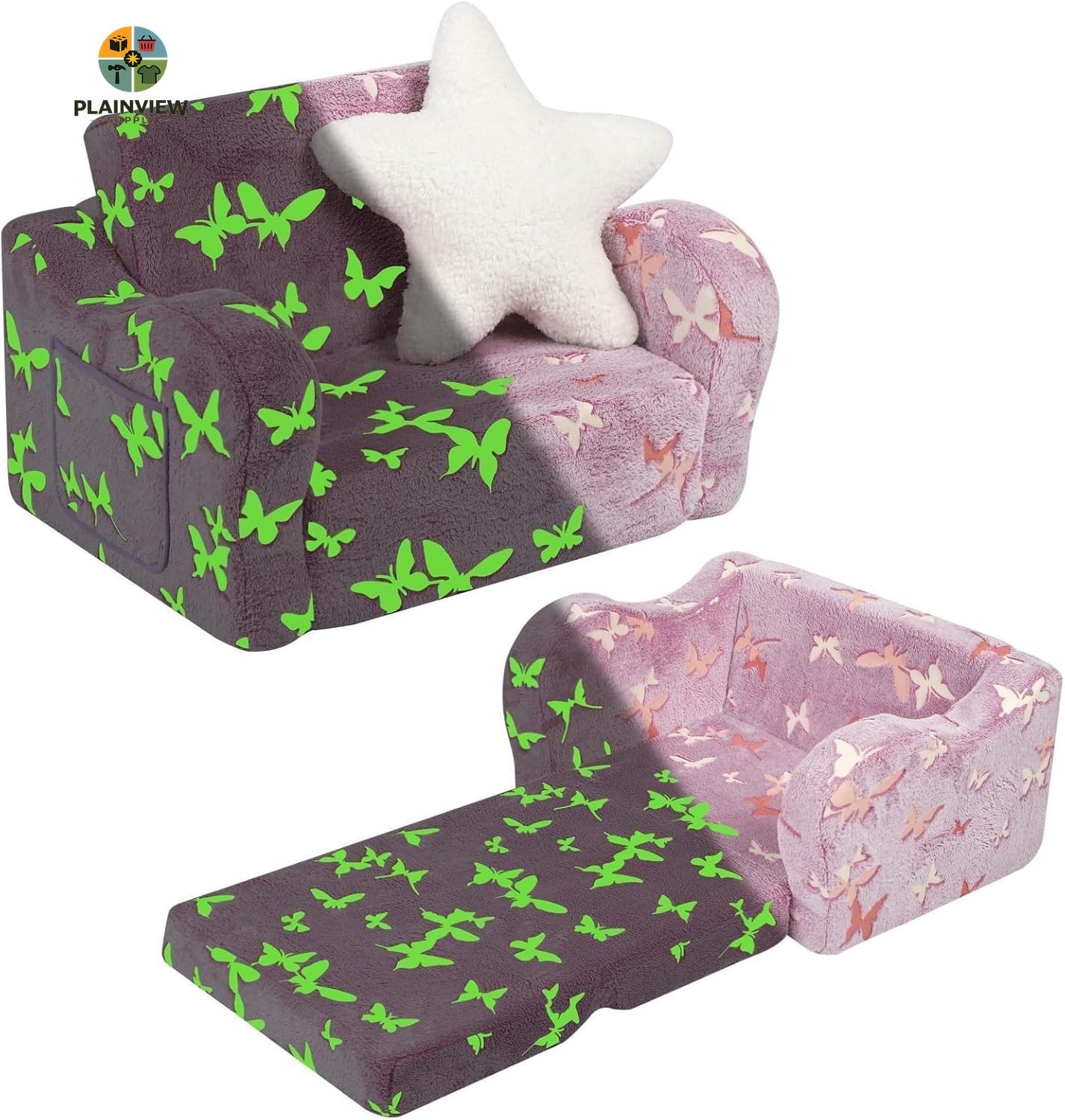 Toddler Couch, 2-In-1 Kids Soft Couch Fold Out with Star Pillow, Foldable Sofa t