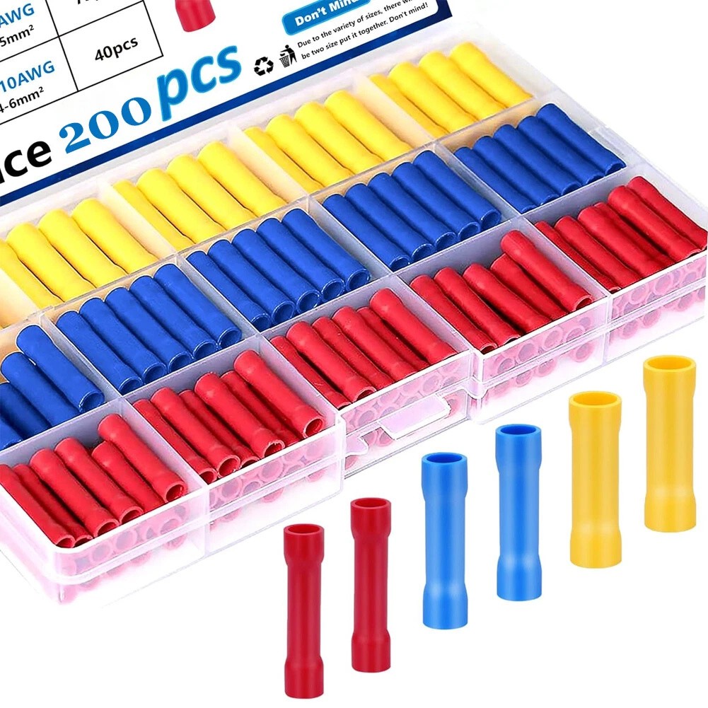 200PCS Insulated Straight Electrical Butt Wire Connectors Splice Crimp Terminals
