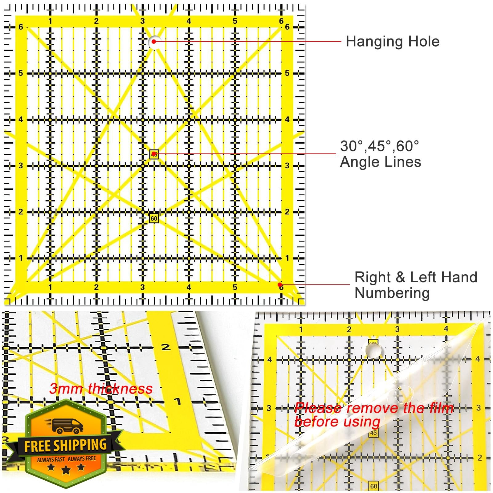 Quilting Rulers 4 Square Acrylic Templates 3.5"-10.5" for Sewing