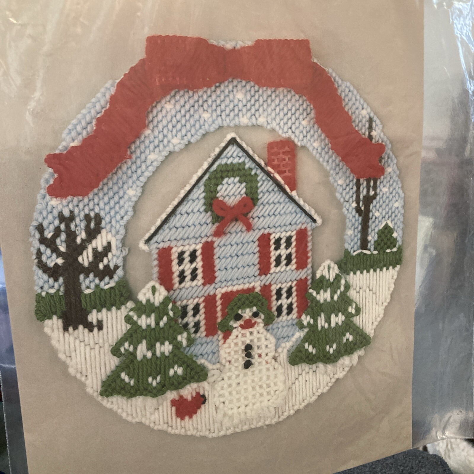 Vtg Rare BELCO Snowman House Wreath Needlepoint Plastic Canvas 1990 pattern only
