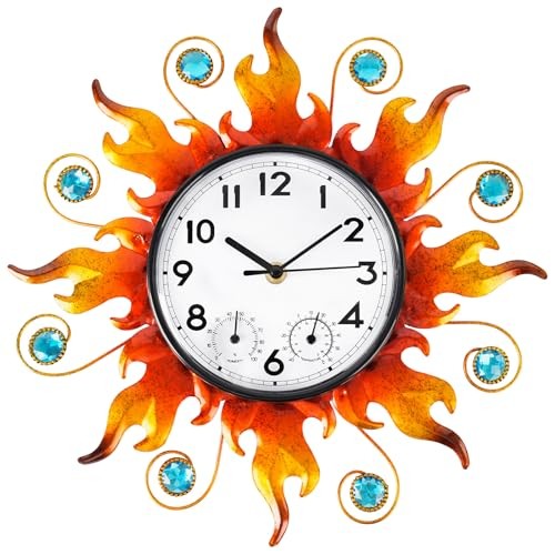 Sun Outdoor Clock with Thermometer and Hygrometer Combo，13'' Wall-Mounted
