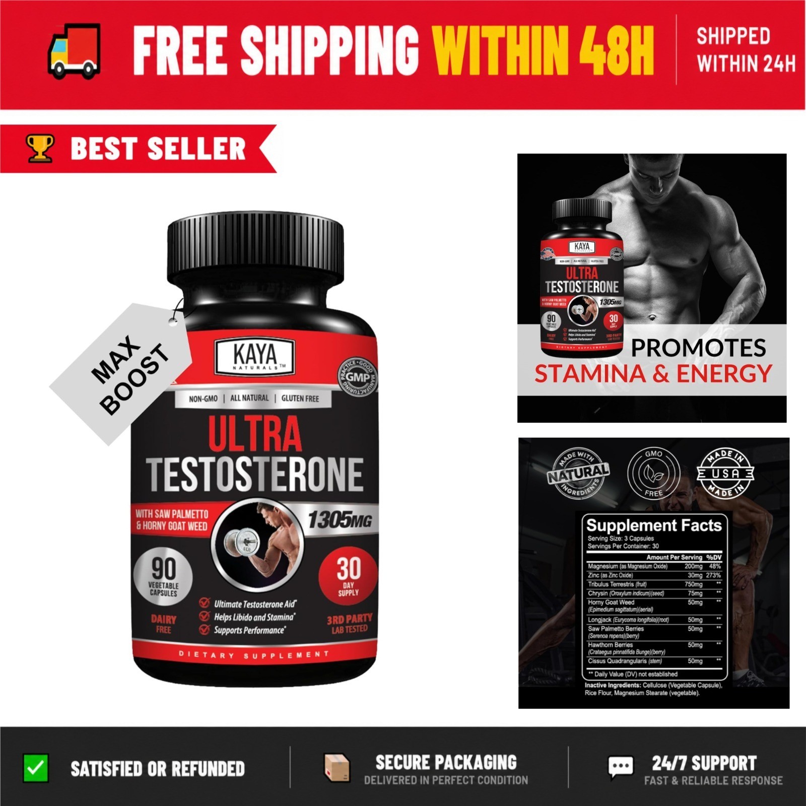 Kaya Naturals Ultra Testosterone Booster - Energy & Stamina Supplement 90 Count