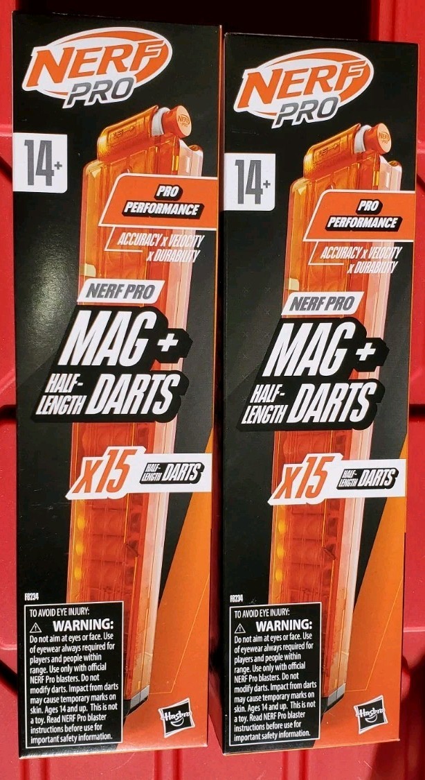 Nerf Pro Mag with 15 Half-Length Darts Magazine plus Refills **Lot Of 2** NEW