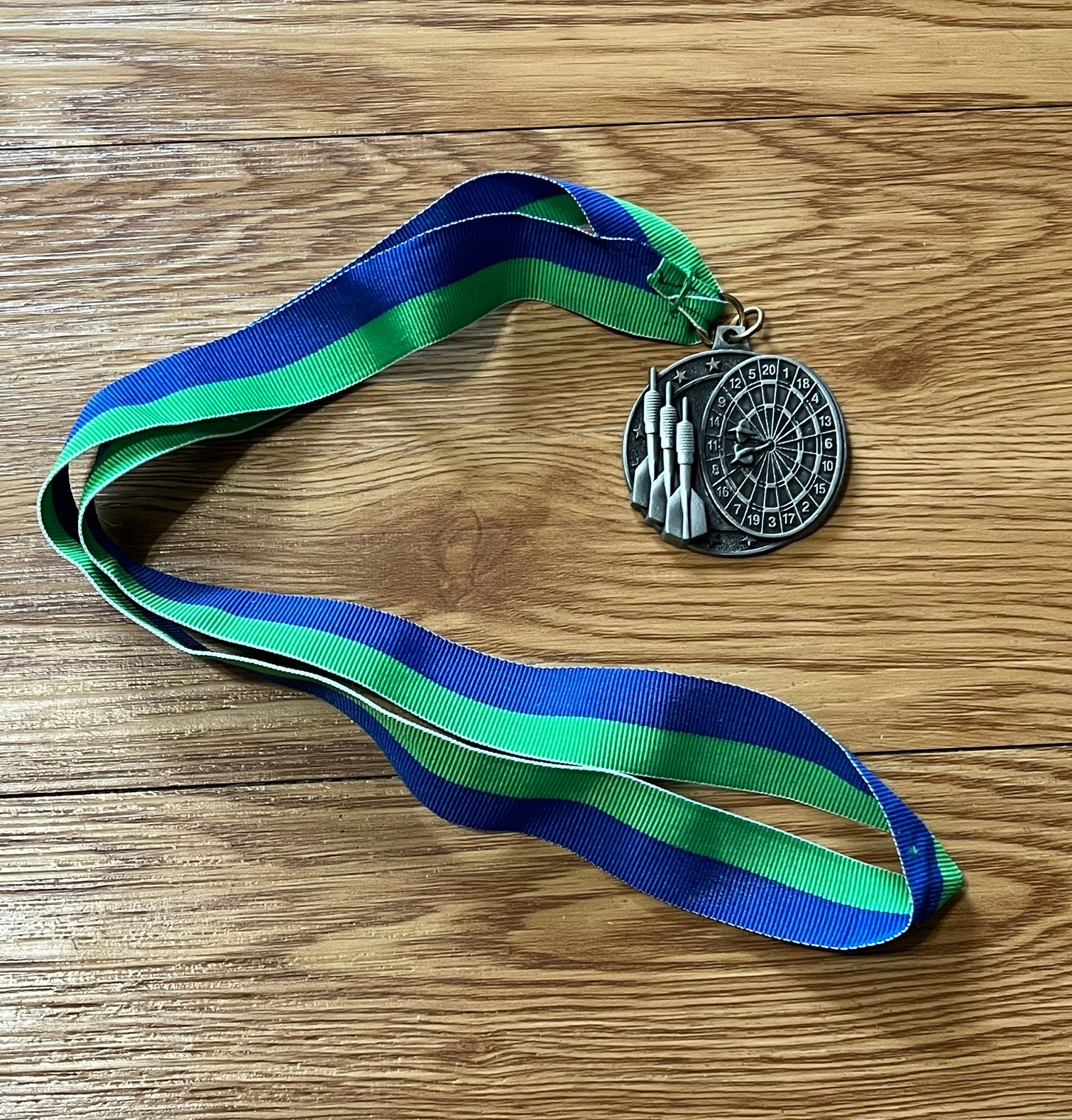 Crown Silver-color Dart Tournament Medal, Blue and Green Ribbon