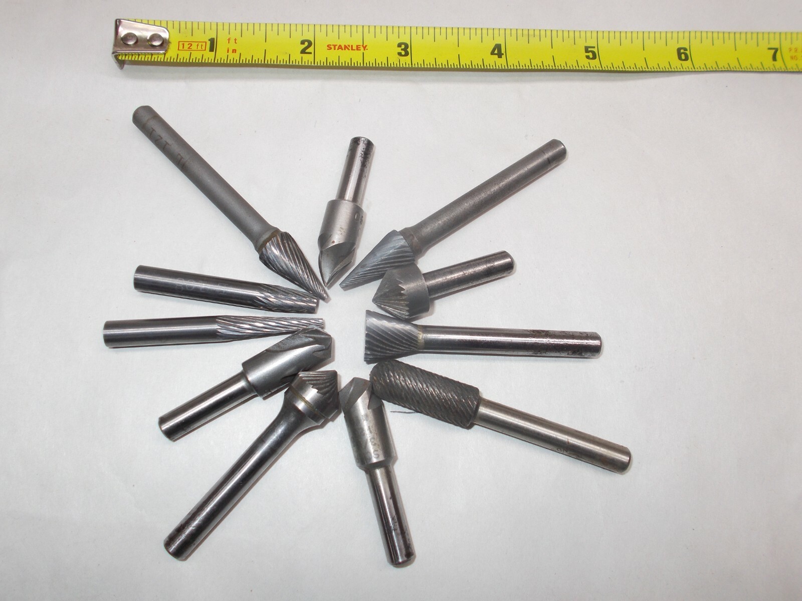 Deburring Tools, Lot of (11) Machinist Burrs Various Geometry, 1/4" diam. shanks