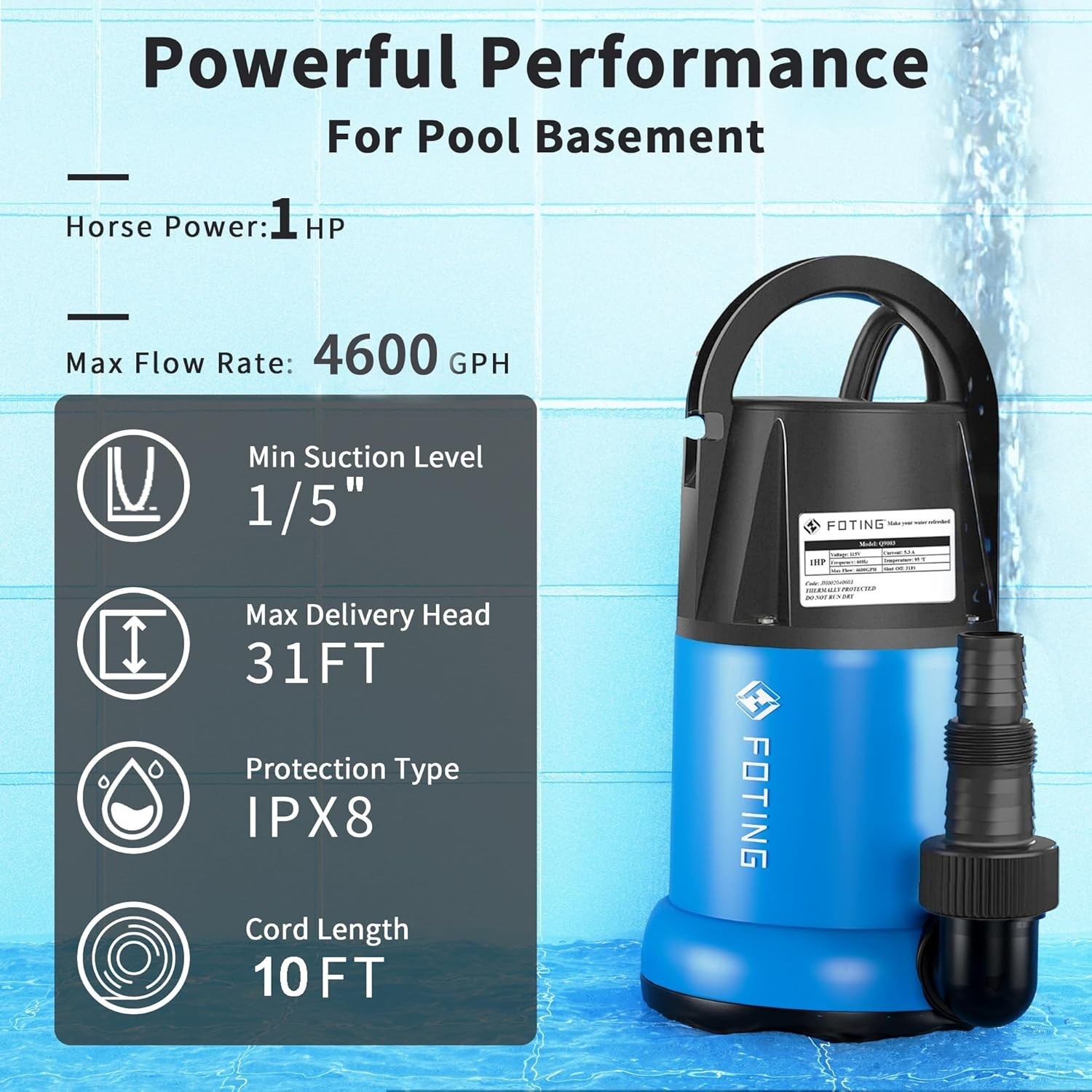 Energy Efficient 1HP Submersible Pump - Manual Operation for Quick Water Removal