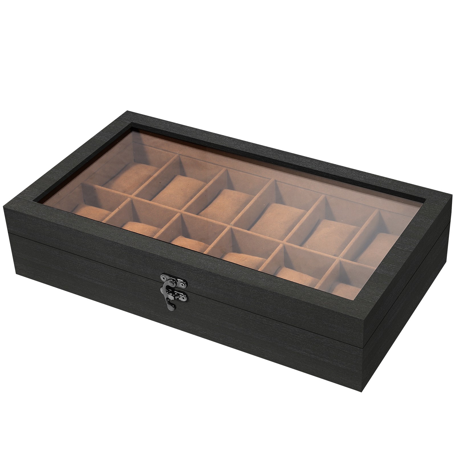 Uten 12-Slot Watch Box, Glass Lid, Removable Pillows, Velvet Lining, Gift Idea