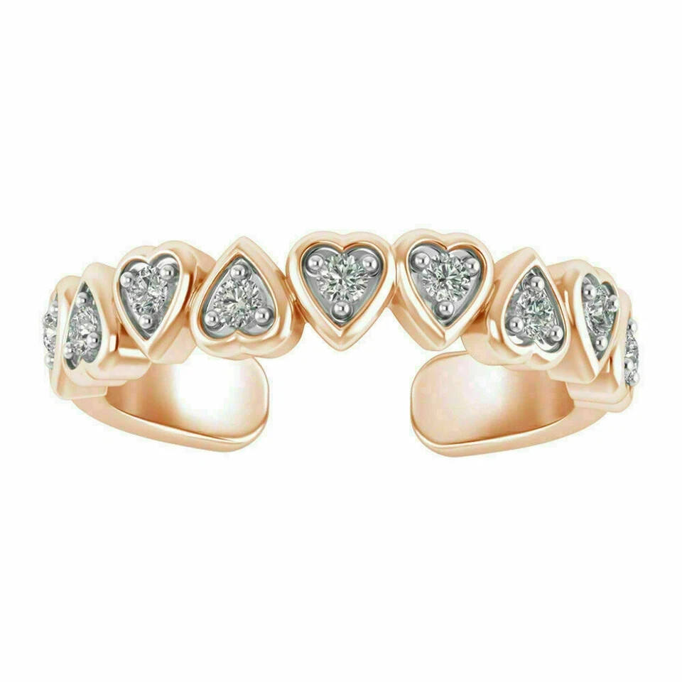 Heart Adjustable Toe Ring Rose Gold Plated Silver 0.15Ct Round Simulated Diamond