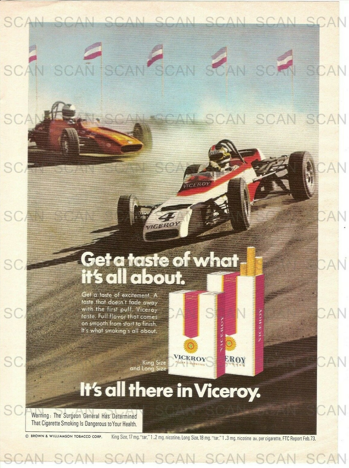 1974 Viceroy Cigarettes Auto Racing Vintage Magazine Ad