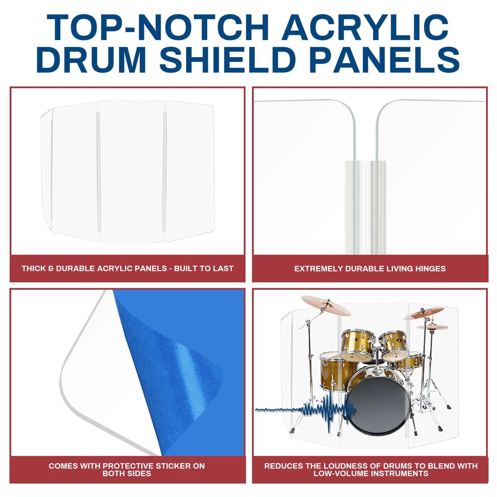 Drum Shield, Premium Acrylic Drum Screen 4 Panels 2ft x 4ft with Living Hinges