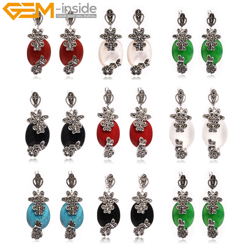 Silver Oval Sandstone Jade Marcasite Drop Jewelry Dangle Earrings Gift 1 Pair