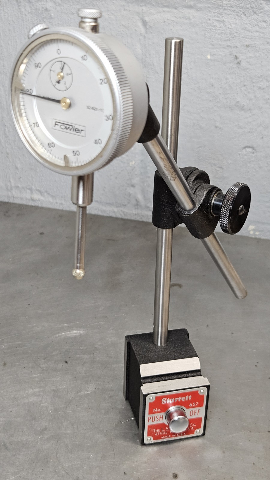 Starrett No. 657D magnetic base with a Fowler 1" dial indicator - 657