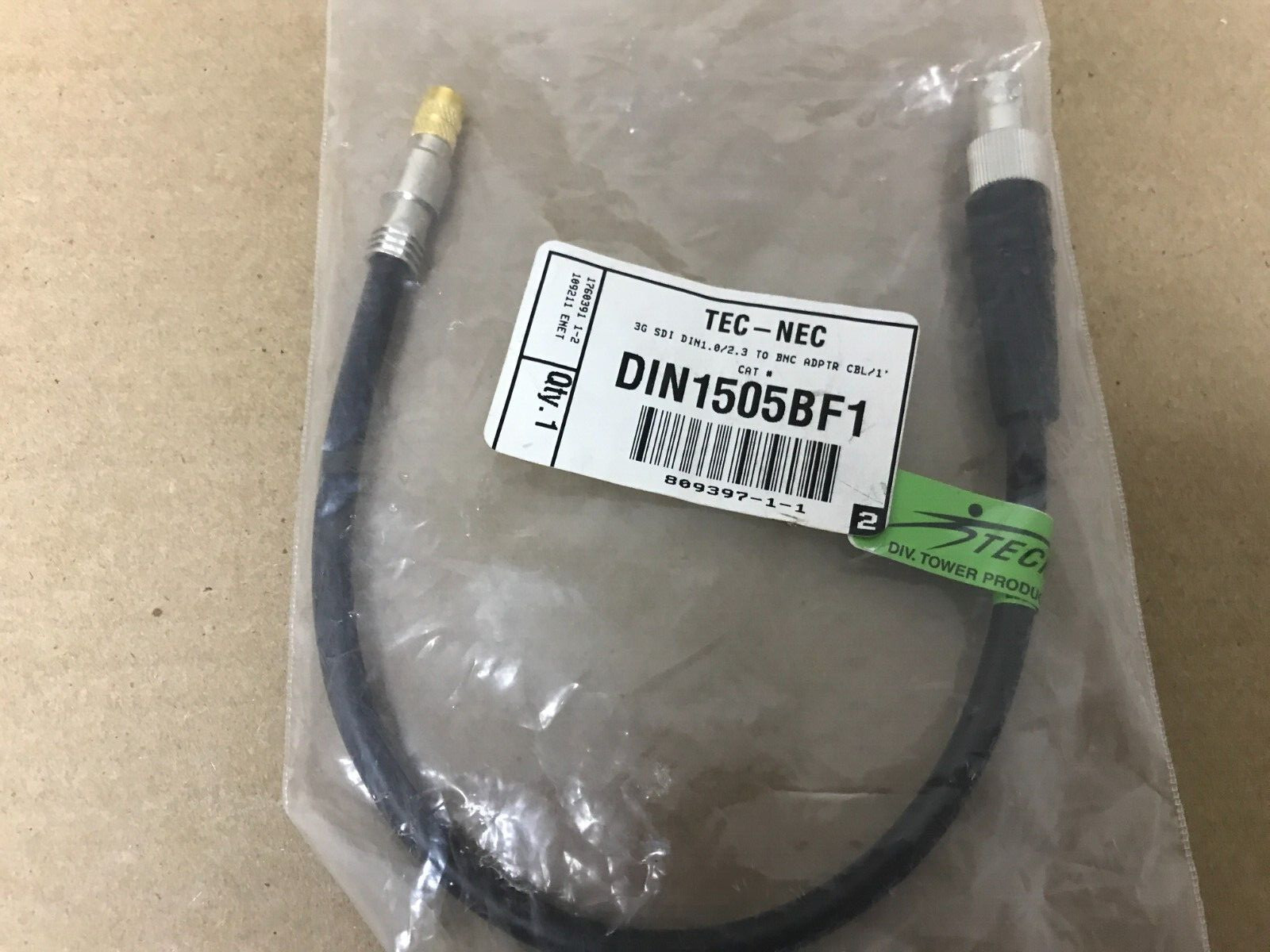 Laird DIN1505-BF-1 Belden 1505A RG59 3G-SDI DIN 1.0/2.3 to BNC Female Cable