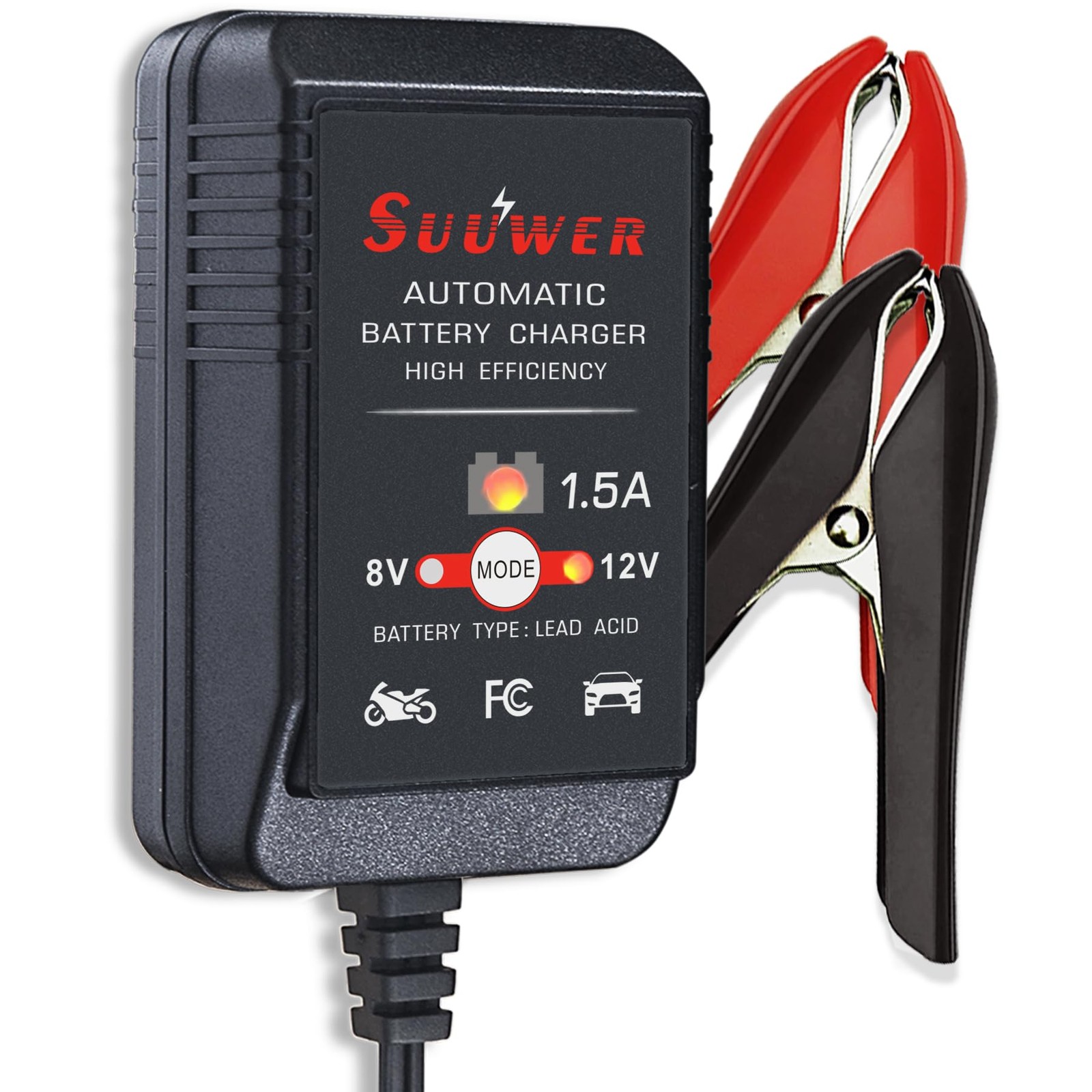 Suuwer 1.5A 8V/12V Fully-Automatic Smart Battery Charger - Trickle Black