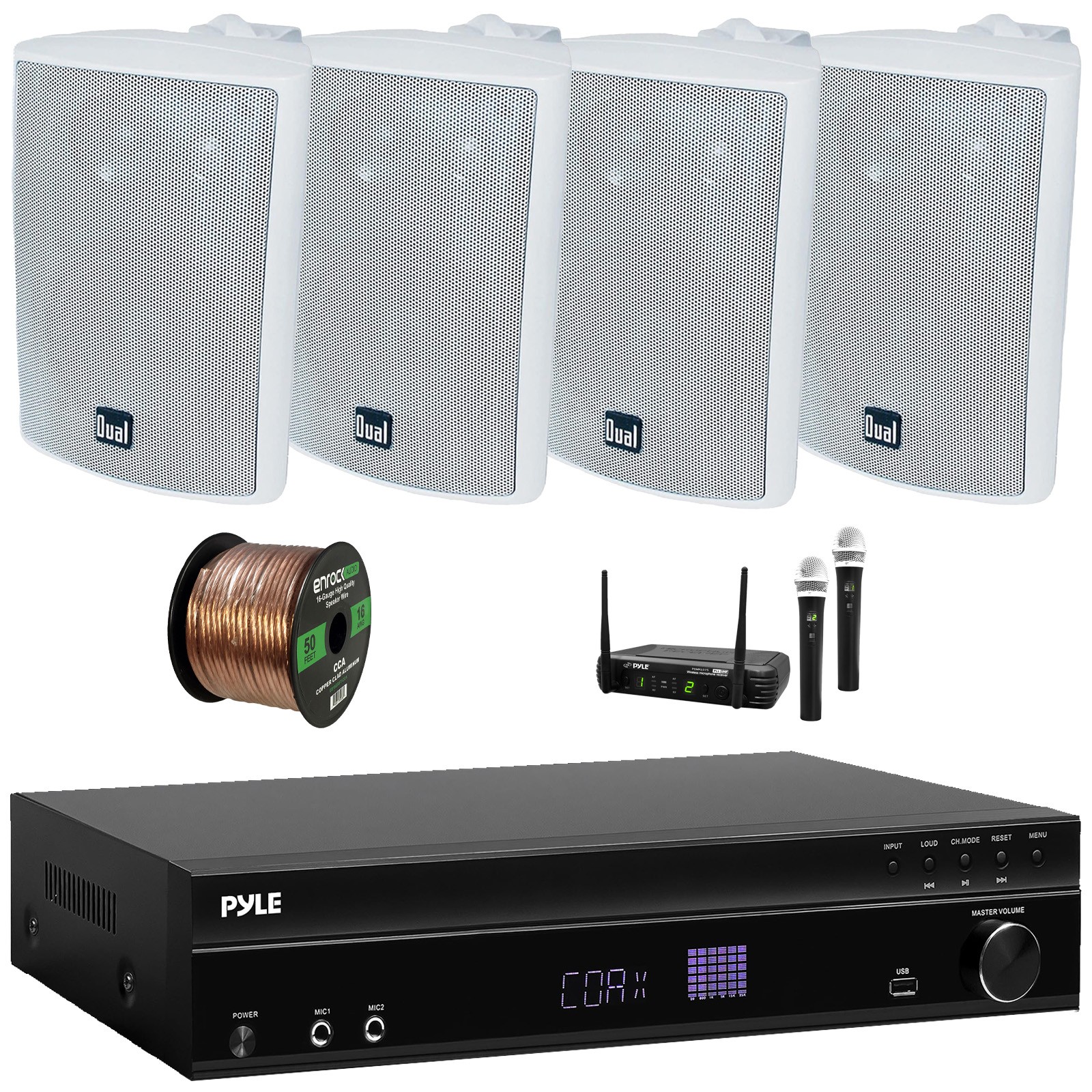 Pyle 5.2 Channel Karaoke Echo Receiver, 4x 4" 200W Max White Speakers + Mic