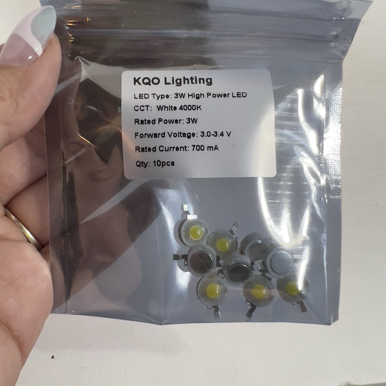 KQO Lighting 3W LED Chip LEDs High-Power White 4000K - 10 Pieces