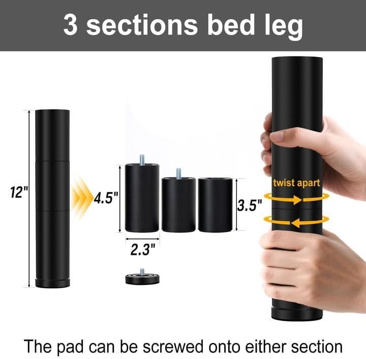 12 Inch Bed Legs Replacement for Adjustable Bed Base Frame, 3 in 1 Screw in Legs