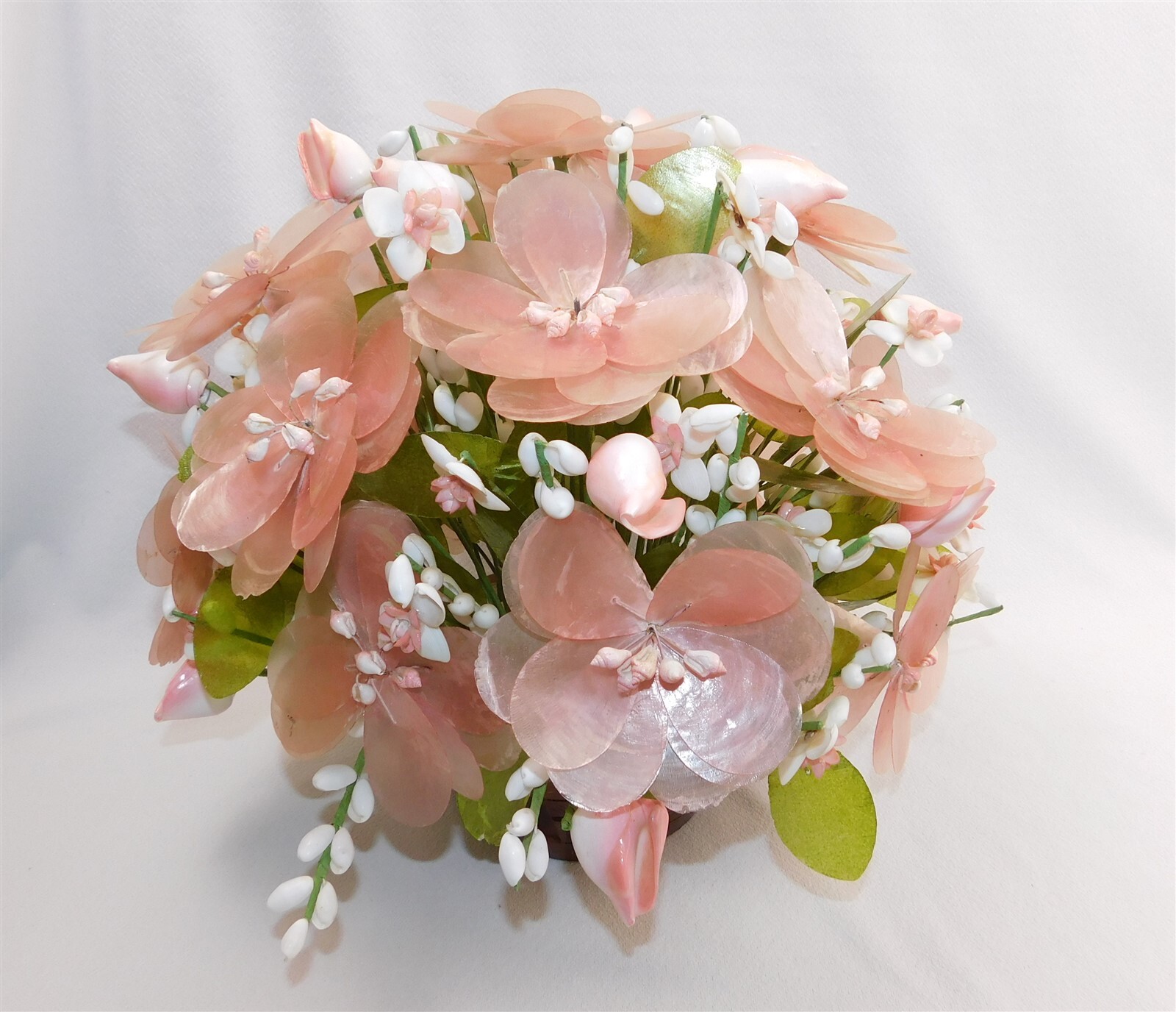 Vintage Capiz Shell Pink Accent Flower Bouquet in Wood Planter HAWAII