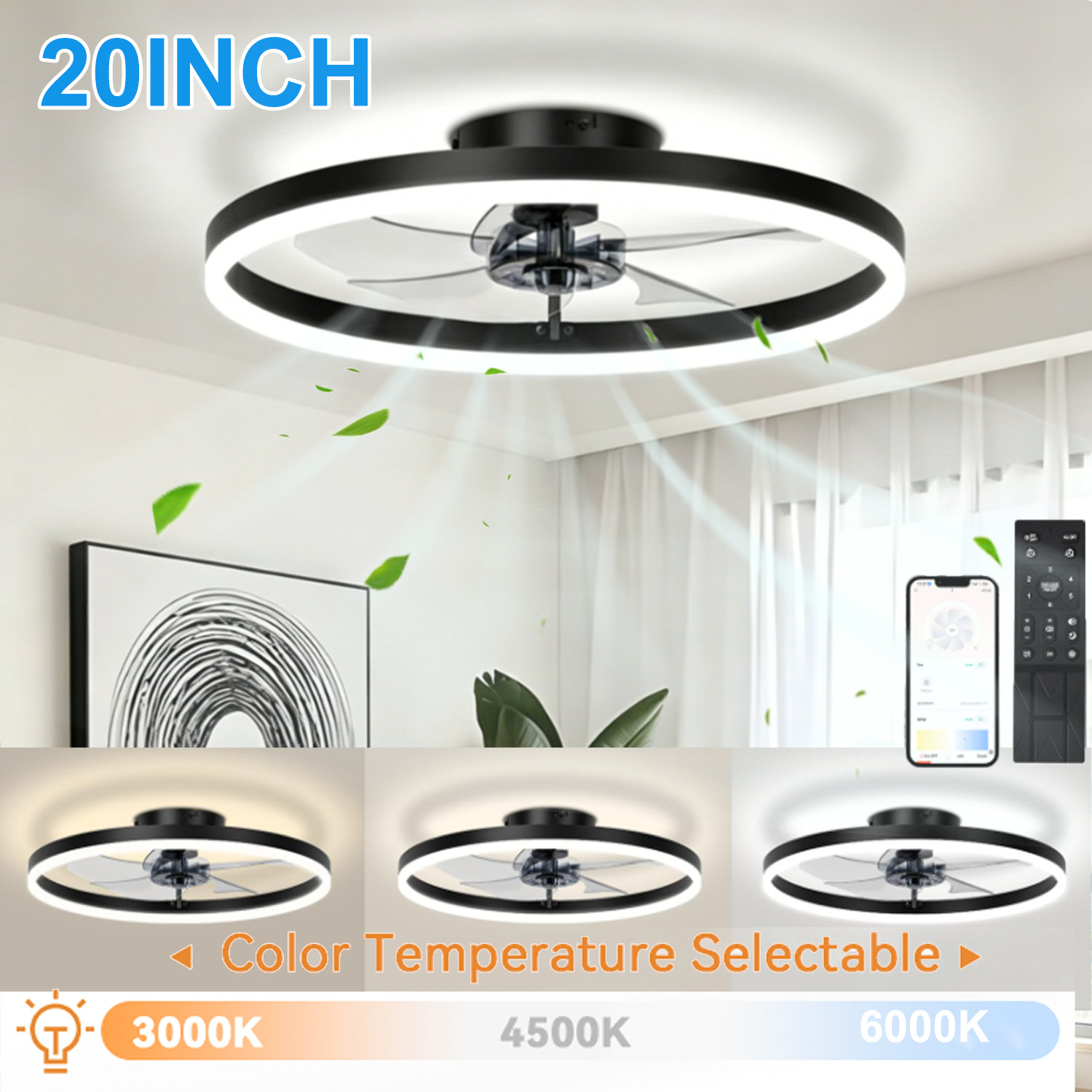 20" Modern Fan Lights Flush Mount LED Ceiling Light kit With Remote APP Control
