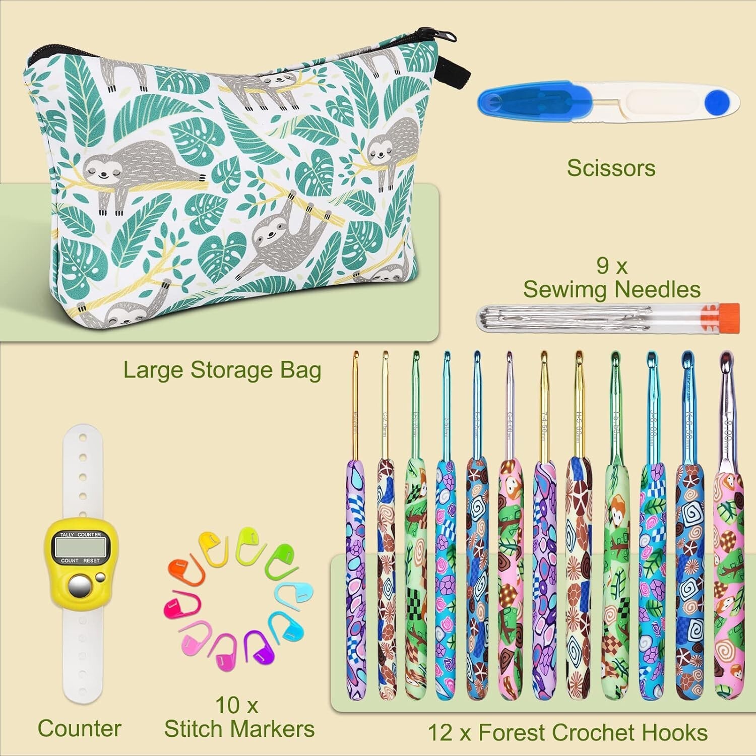 12 Sizes Ergonomic Crochet Hooks Set with Portable Case - Forest Green Elegance