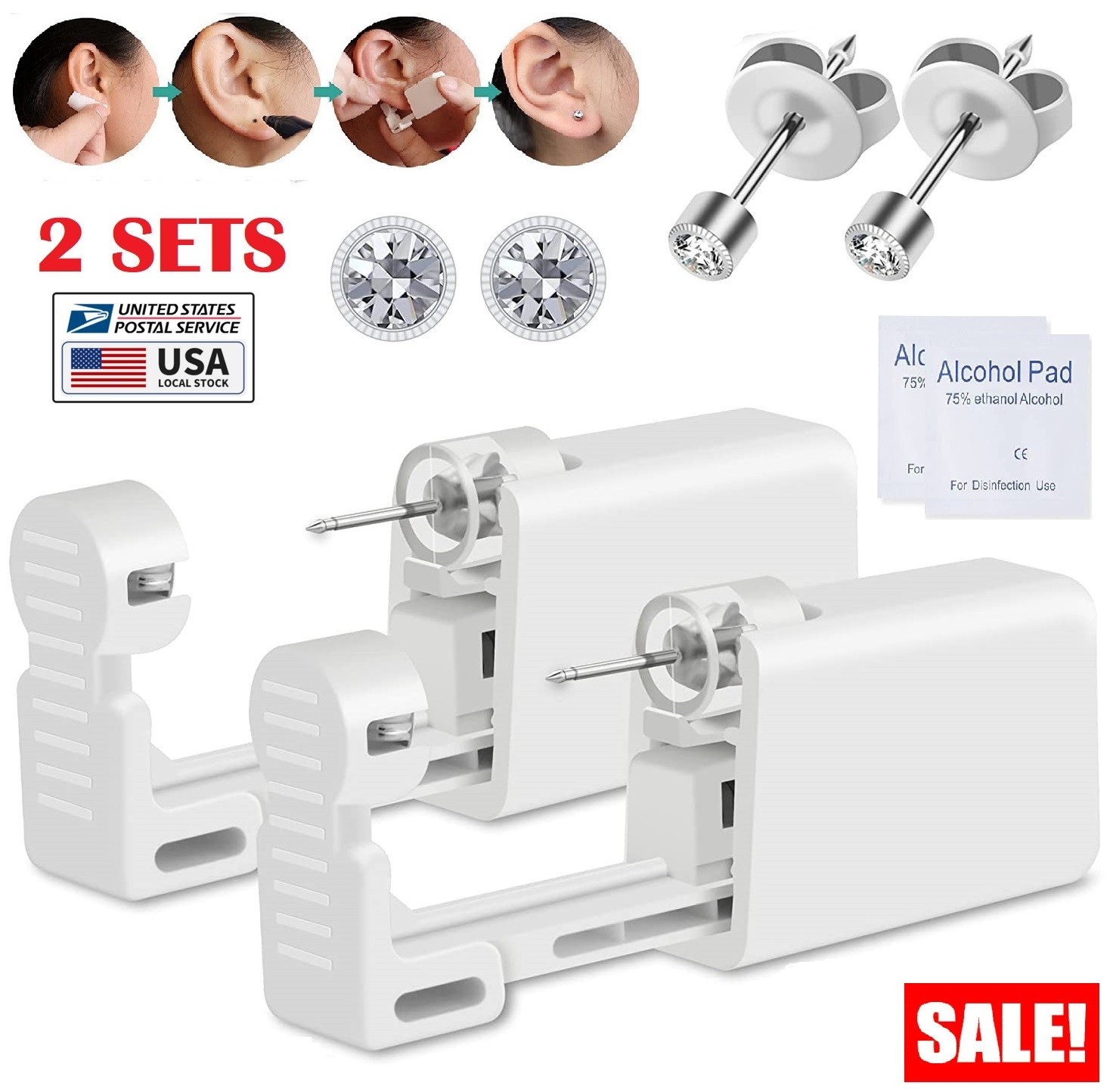 2 Sets Ear Piercing Disposable Kit Silver Stud Earring Gun DIY Home Self Ear USA