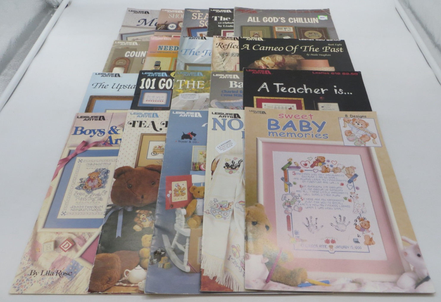 Lot of 20 Cross Stitch Patterns mixed themes Baby / Noah's Ark / Teddies / Teach