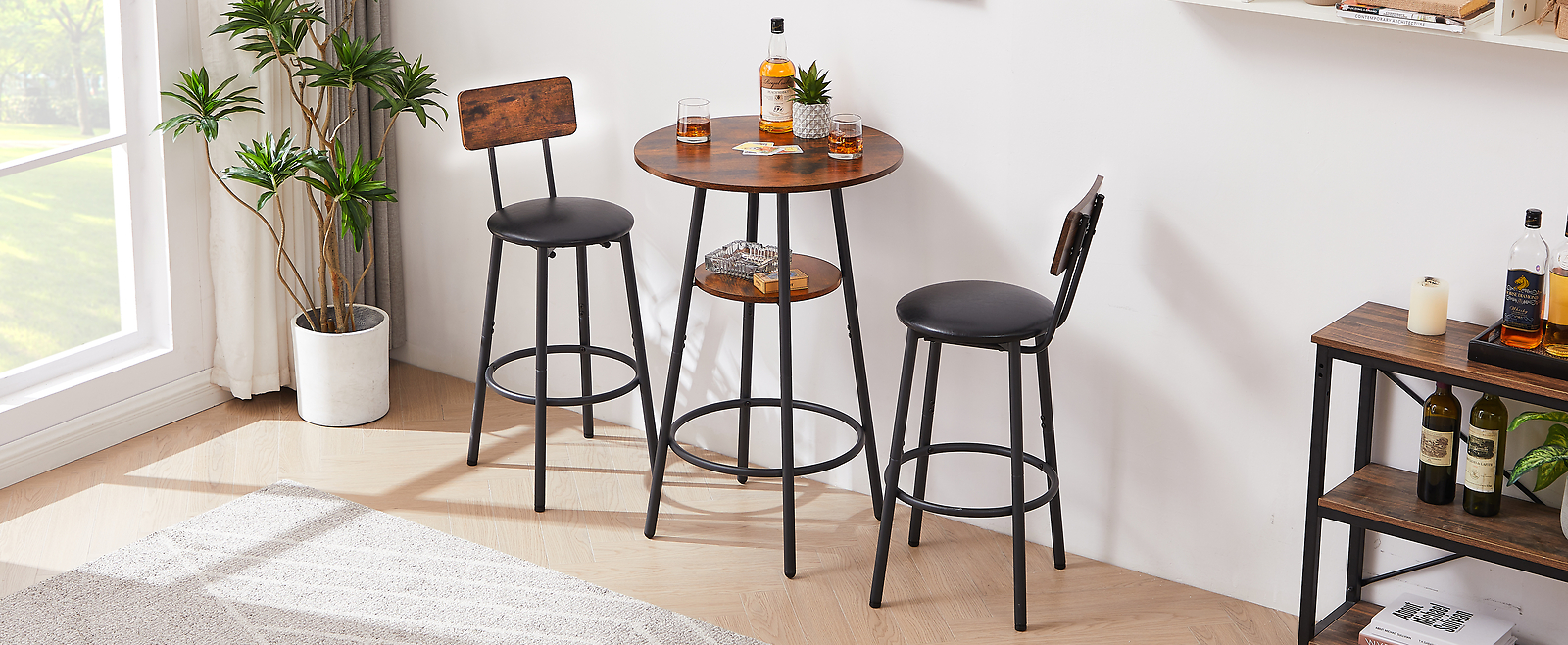 3PCS Industrial Bar Table Chairs Set Pub Table and 2 PU Upholstered Stool Chairs