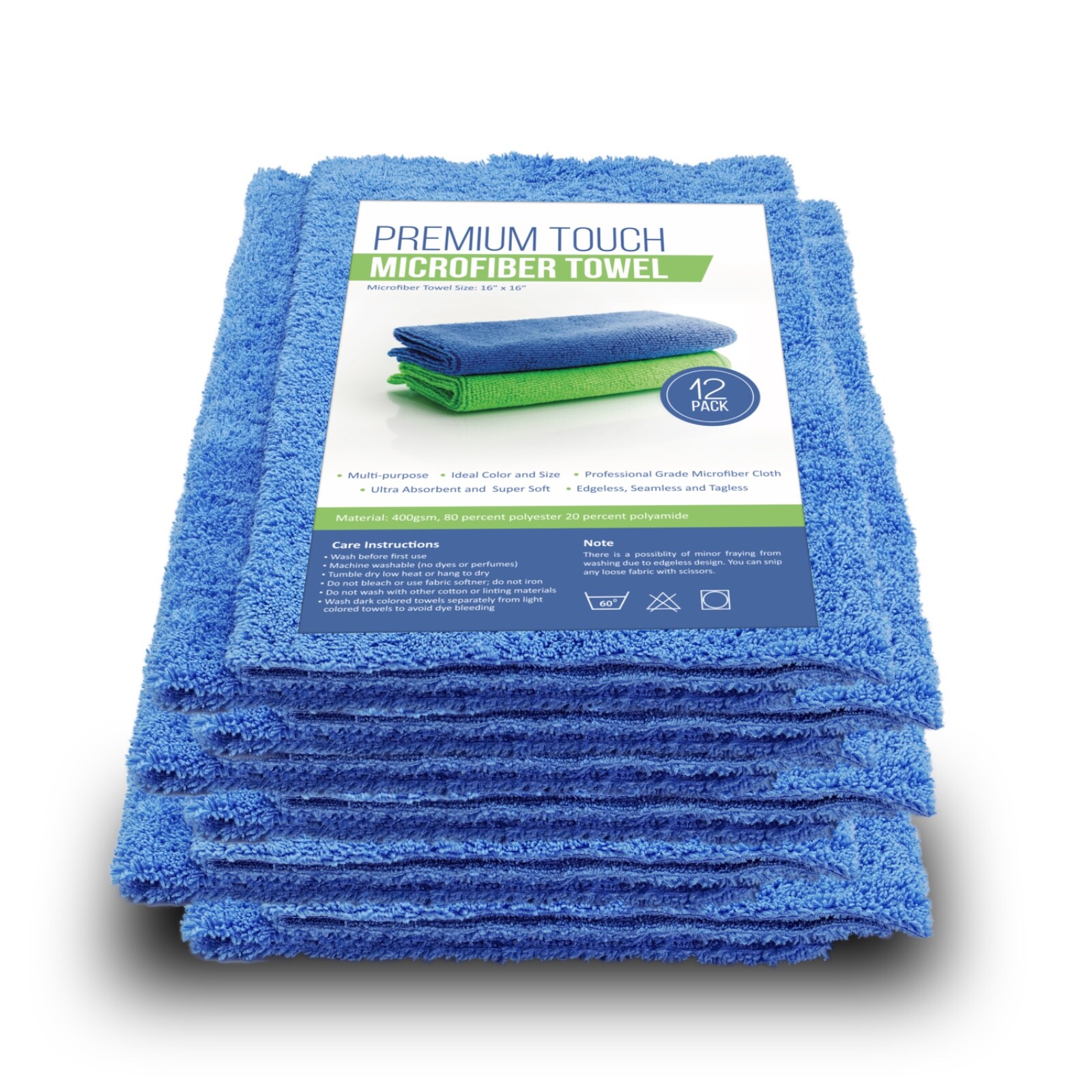 Microfiber Towels - 16x16 in. - Edgeless  - 400 GSM - Pack of 12 - Scratch Free