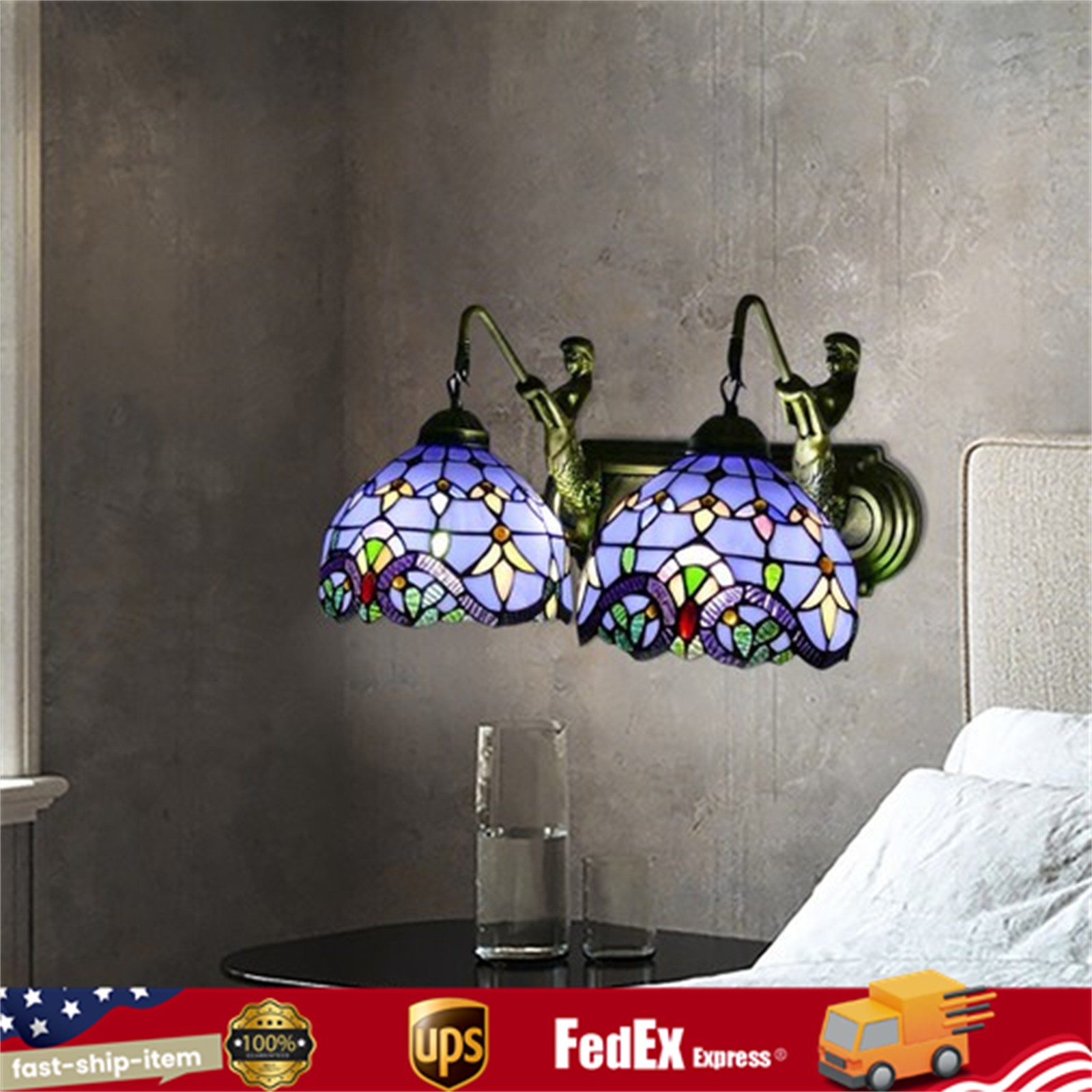 Tiffany Bathroom Vanity 2 Light Fixture Vintage Stained Glass Wall Lighting LED