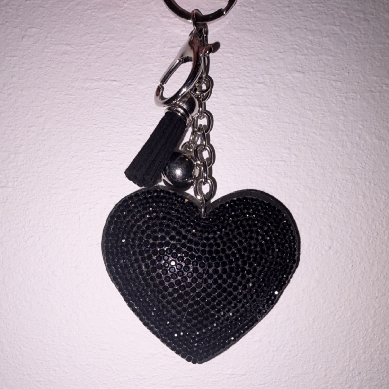 Black Rhinestone Heart Key Chain with Tassel for Women, Bling Metal Fabric