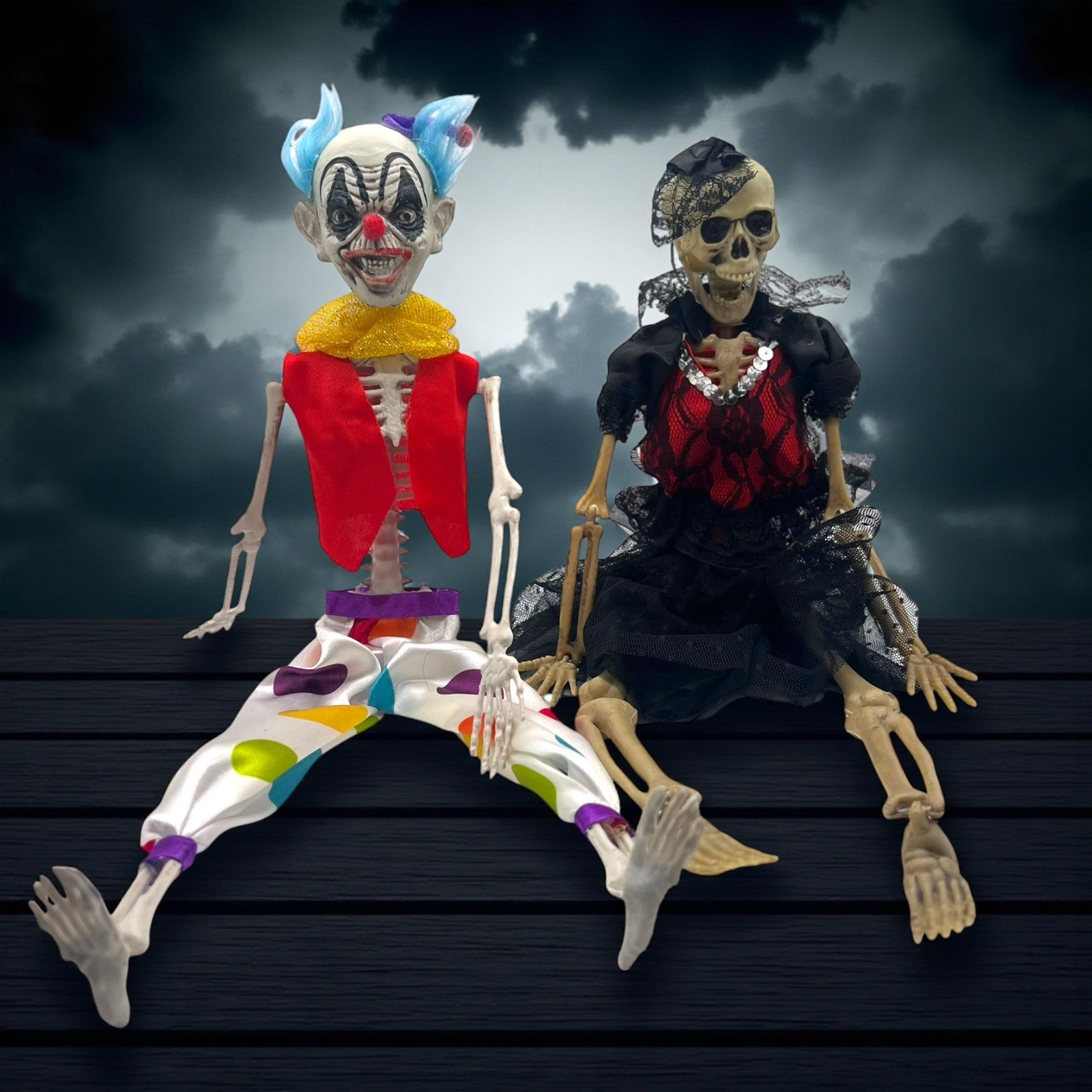 Halloween Skeleton Décor – 16" Clown & Lady Skeleton Figurines – Spooky