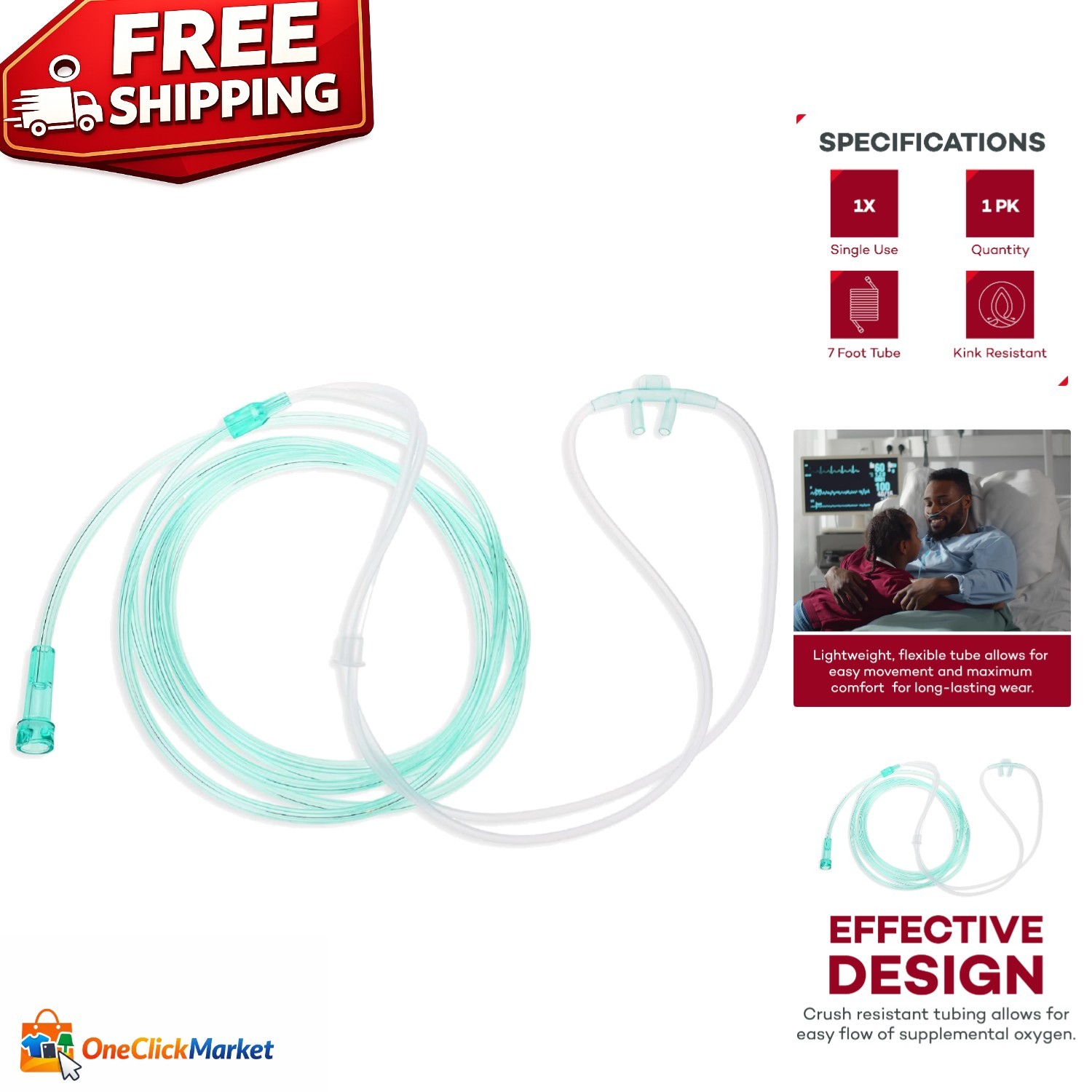 7 ft Adult Nasal Cannula - Lightweight Soft Green Tubing for Comfort & Safety