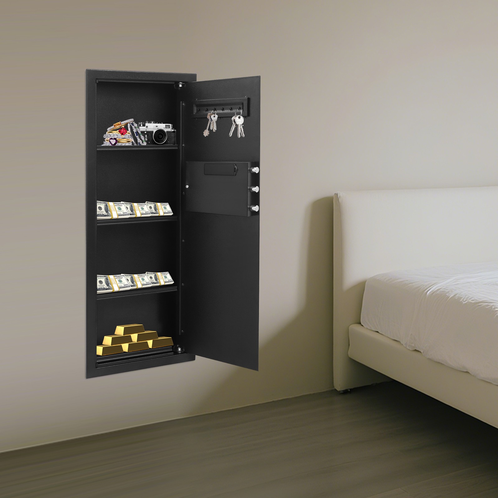 Wall-Mounted Embedded Safe 37 × 10 × 100 cm Electronic Keypad + 2 Keys Black