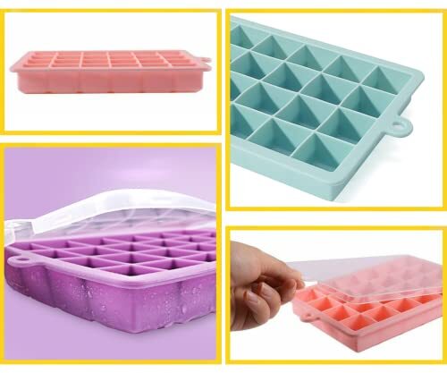 Ice Cube Tray, 3 Pack Silicone Ice Cube Molds, Pink, Light blue, Purple