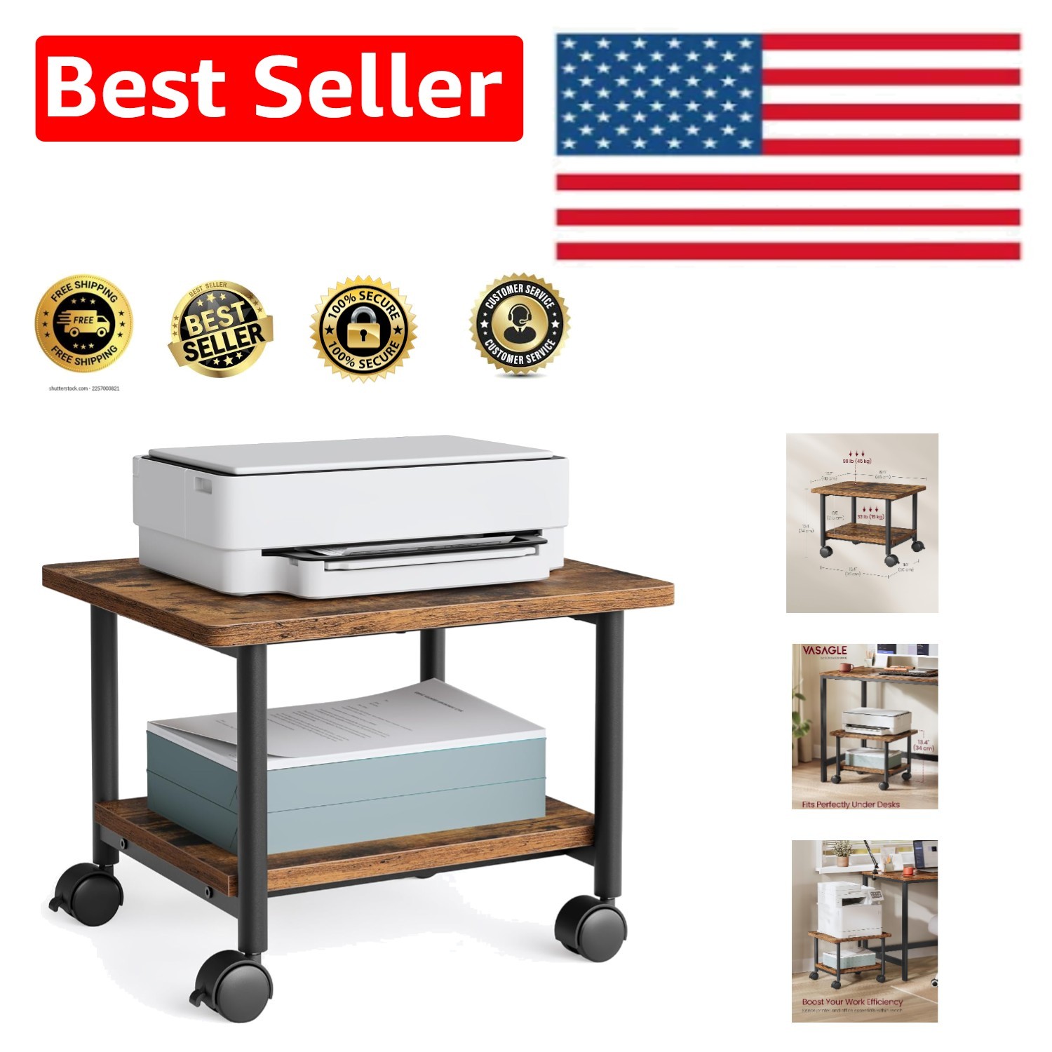 Compact 2-Tier Printer Cart with Lockable Wheels - Durable Home Office Solution