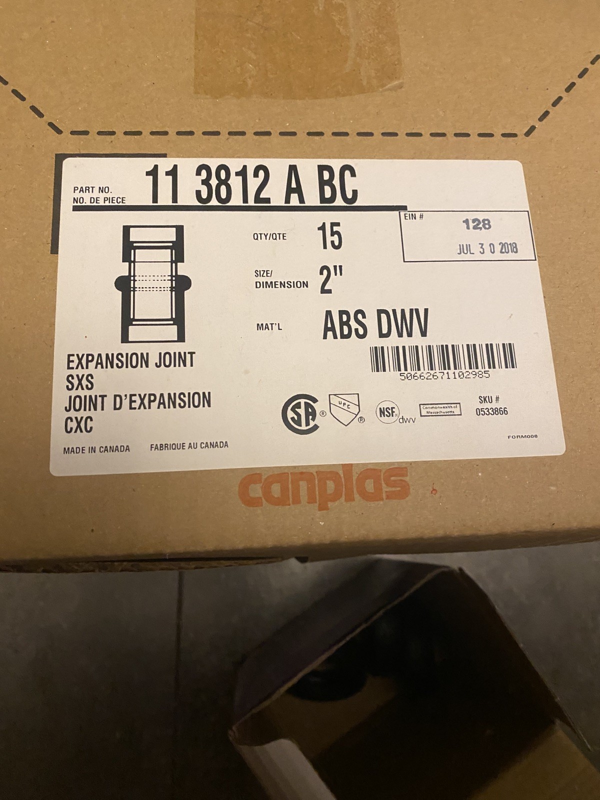 Canplas 2" ABS DWV Expansion Joint SXS, Part # 113812ABC 1 Box Qty 15 New Sealed