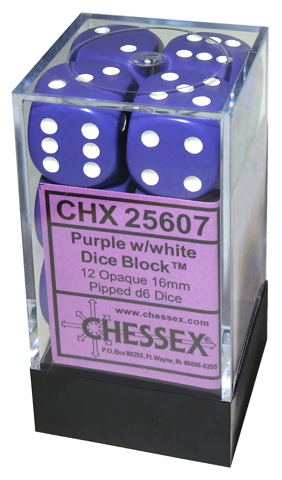 Chessex 12 Dice Set Opaque Purple with White d6 16mm CHX25607 game die block
