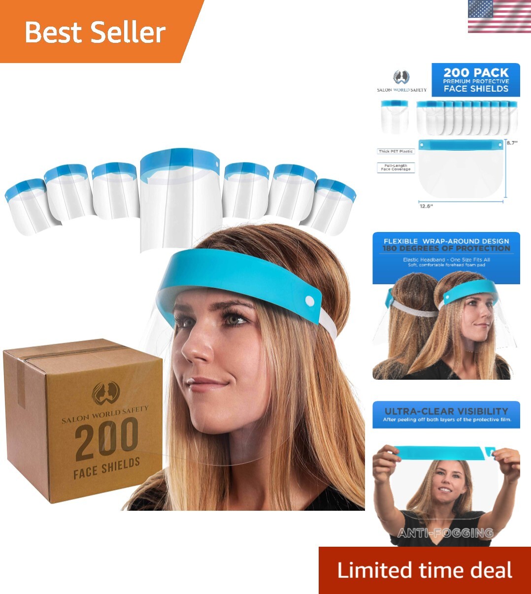 Salon World Safety 200 Face Shields 20 Packs of 10 - Ultra Clear Protective F...
