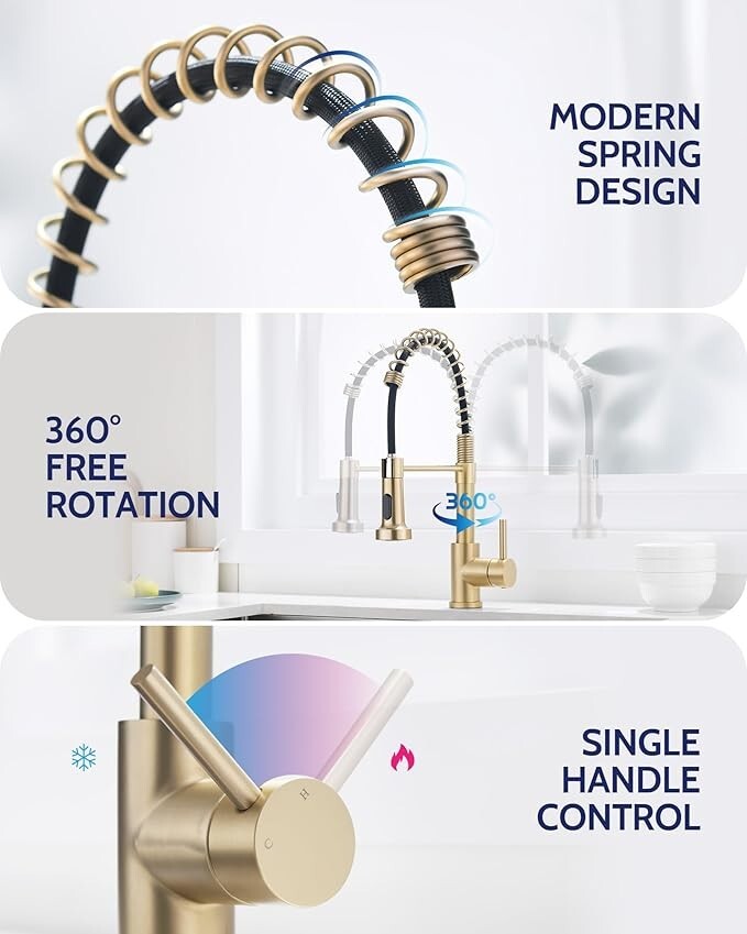 Brushed Gold Kitchen Faucet with Pull Down Sprayer Single Handle Spring Faucet